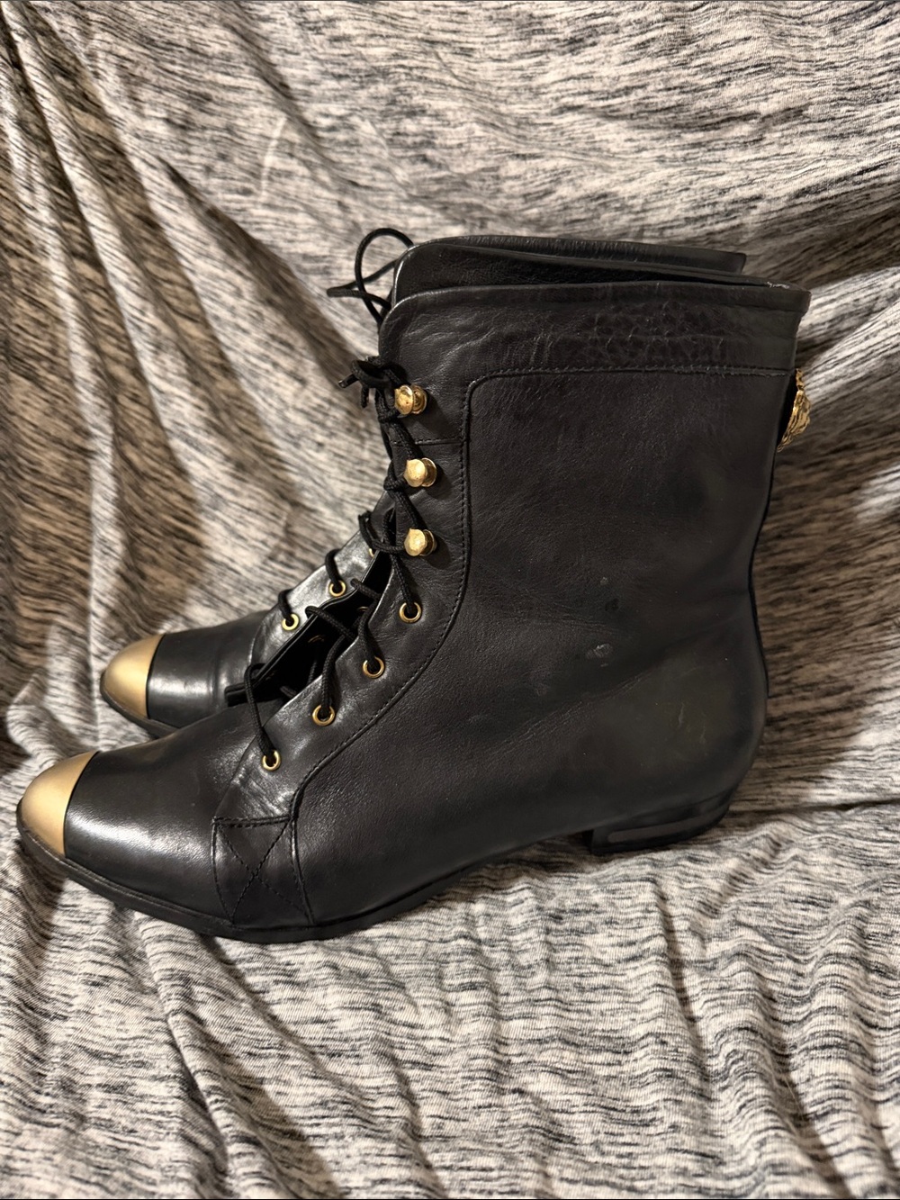 Miista Black Leather Lace-Up Ankle Boots with Gold Toe Cap and Gold Back Accent - Picture 3 of 11